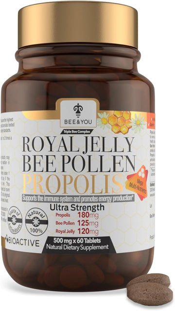 Bee And You Royal Jelly Tablet, Propolis Extract, Bee Pollen, 100% Natural Superfood, Ultra Pure, Immune Support Supplement, Improve Energy, Focus, Antioxidants, Fresh, Keto, Paleo, Gluten-Free | 60Ct