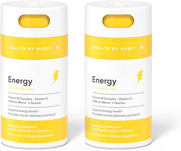 Health By Habit Energy Supplement 2 Pack (120 Capsules) - Natual Caffeine Blend, Vitamins B & C, Supports Energy Levels, Promotes Mental Alertness and Focus, Vegan, Non-GMO, Sugar Free (2 Pack)