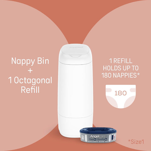 Angelcare Classic Xl Nappy Bin - Holds Up To 70 Nappies – Simple No Twist Refills – For Less Film Use – Get More Nappies Per Cassette And Save! Includes 1 Octo Refill Cassette