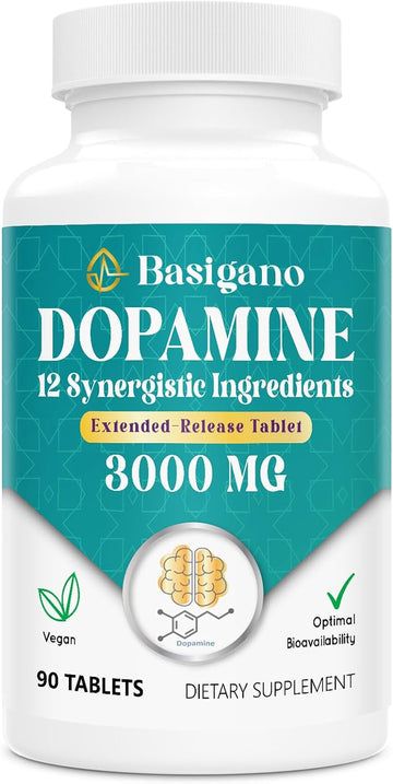 Basigano Natural Dopamine Supplement for Energy, Focus, Motivation, Mental Alertness, Mood, and Stress - Non-GMO, Gluten-Free - 90 Tablets