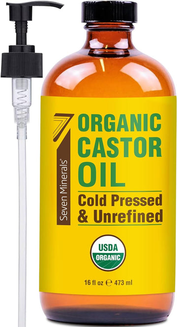 Seven Minerals New 16 Fl Oz Glass Bottle Castor Oil Organic Cold Pressed Unrefined Glass Bottle Pack - 100% Pure Usda Certified Organic Hexane Free