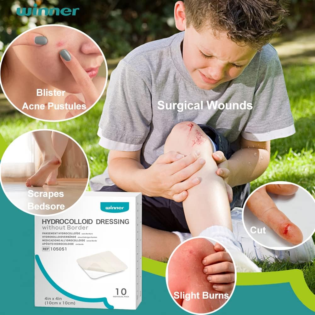 Winner Medical Sterile Hydrocolloid Adhesive Dressing 10 X 10 Cm10 Pack Extra Thin Wound Dressings For Light Exudate,Highly Absorbent Bed Sore Bandages Faster Healing