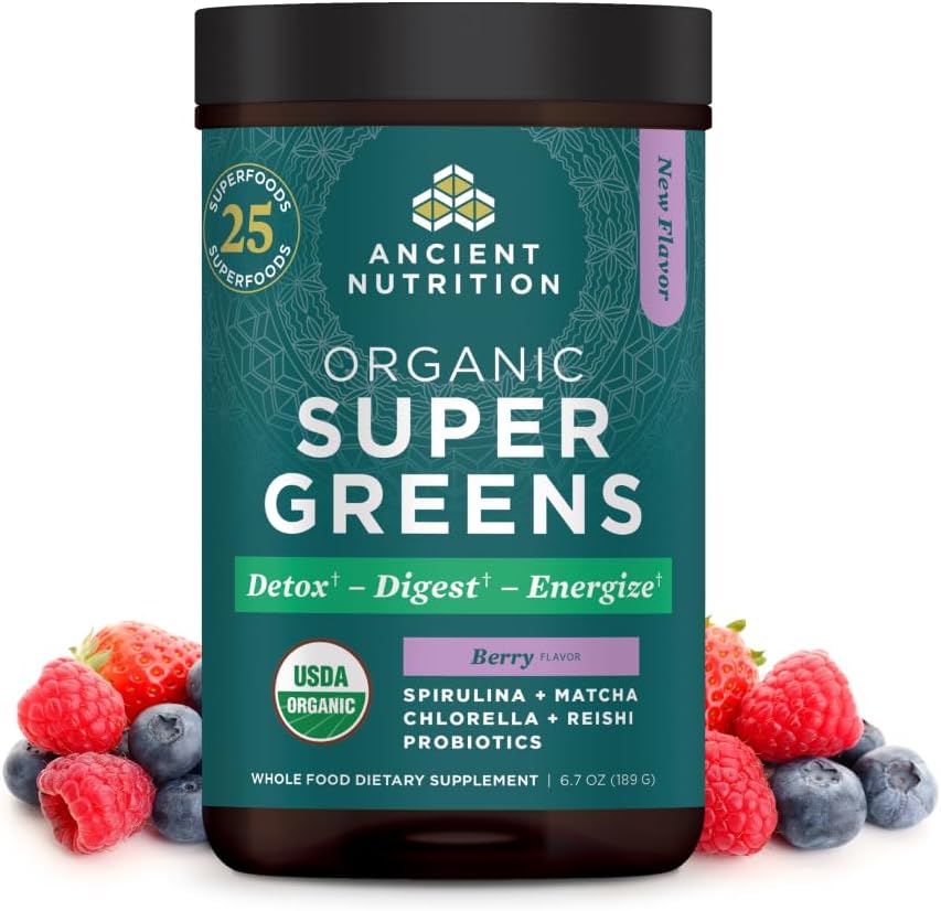 Ancient Nutrition Supergreens Powder With Probiotics, Organic Mango Flavor Greens, Made From Real Fruits, Vegetables And Herbs, Digestive And Energy Support, 25 Servings, 6.8Oz