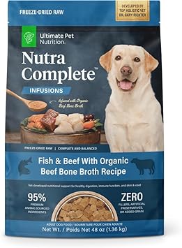 ULTIMATE PET NUTRITION Nutra Complete Bone Broth Infusions, 100% Freeze Dried Veterinarian Formulated Raw Dog Food with Antioxidants Prebiotics and Amino Acids, (3 Pound, Bone Broth Fish)