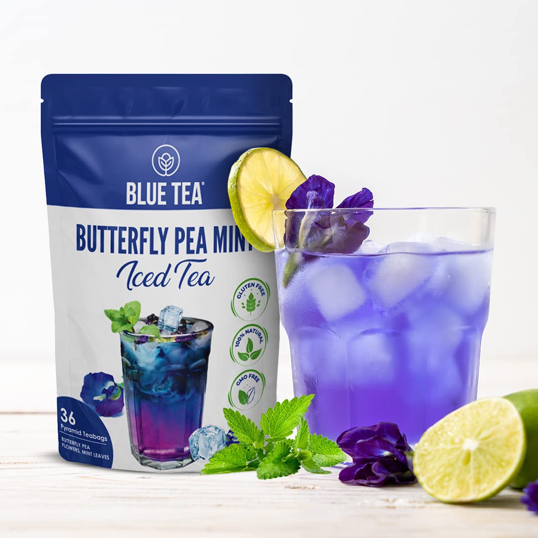 Blue Tea - Butterfly Pea Flower Mint Iced Tea - 36 Tea Bags | Refreshing Blend | Anti-Oxidant - Flower Based - Herbal Tea - Caffeine-Free - Natural Ingredients - Non-Gmo - Vegan | Ziplock Packaging