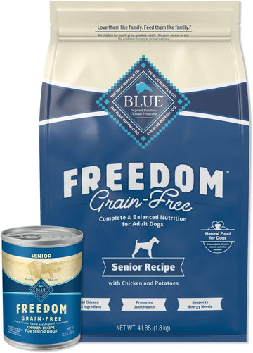 Blue Buffalo Freedom Natural Senior Grain Free Dog Food Bundle, Dry Dog Food And Wet Dog Food, Chicken (4-Lb Dry Food + 12.5Oz Cans 12Ct)