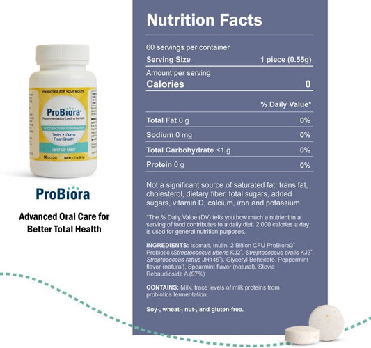 Probiora Oral-Care Chewable Probiotic Tablets | Probiotic Supplement For Women & Men | Healthier Teeth & Gums | Fresher Breath | Whiter Teeth | 60 Count | Mint