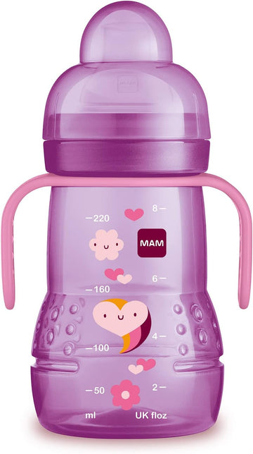 Mam Trainer Sippy Cup For Toddlers 1-3, 8 Oz. Transition Drinking Cup With Extra-Soft Spout, Spill-Free Nipple, And Non-Slip Handles, For Girls 4+ Months, 1 Count