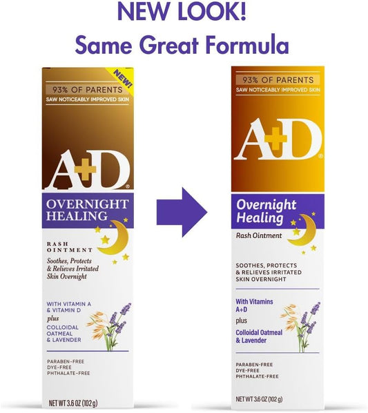 A+D Overnight Healing Diaper Rash Ointment - Soothes, Protects & Relieves Diaper Rash Overnight With Lavender & Colloidal Oatmeal - Healing Ointment For Red, Itchy, Irritated Skin - 3.6Oz