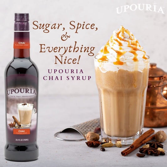 Upouria Chai Tea Spice Flavoring Syrup, 100% Vegan, Gluten-Free, Kosher, 750 mL Bottle - Coffee Syrup Pump Included