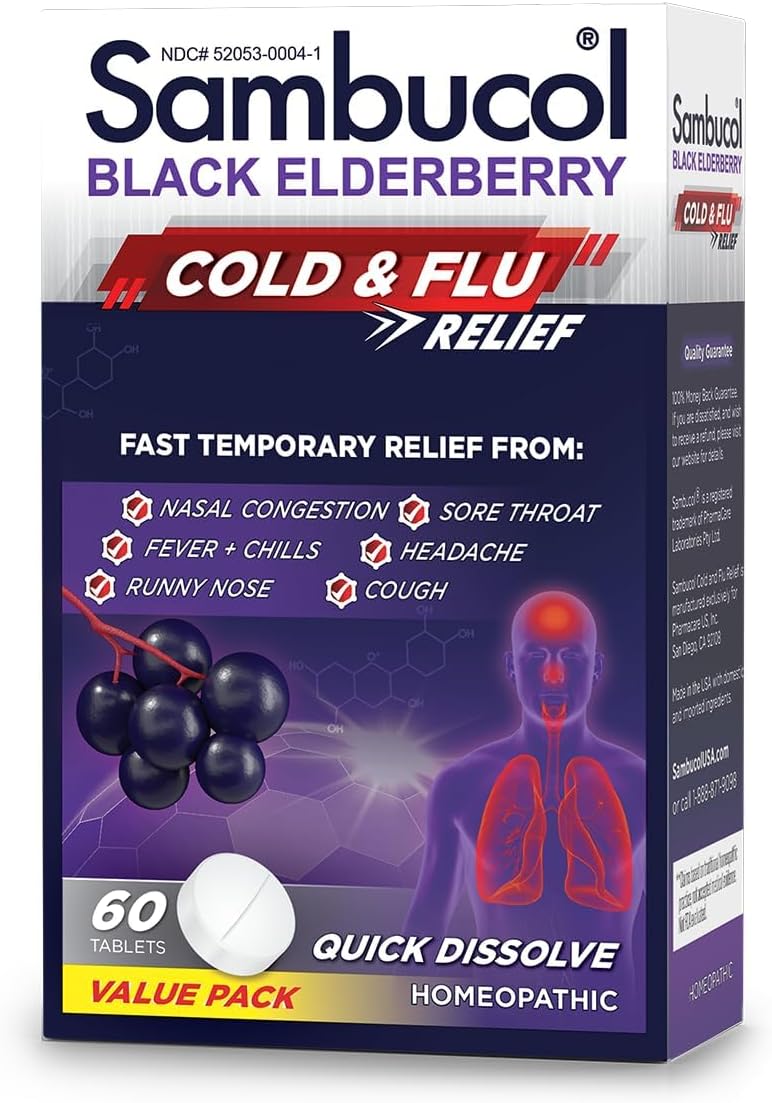 Sambucol Cold And Flu Relief Tablets - Homeopathic Cold Medicine, Cold Remedy For Adults, Black Elderberry For Colds, Zinc Cold Remedy - 30 Count