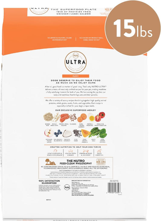 Nutro Ultra High Protein Natural Dry Dog Puppy Food With A Trio Of Proteins From Chicken Lamb And Salmon, 15 Lb. Bag