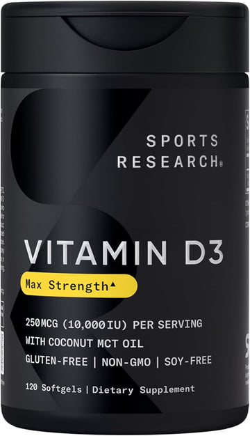Sports Research Vitamin D3 10,000 Iu With Coconut Mct Oil - High Potency Vitamin D Supplement For Immune & Bone Support - Non-Gmo Verified, Gluten & Soy Free – 250Mcg, 120 Liquid Softgels