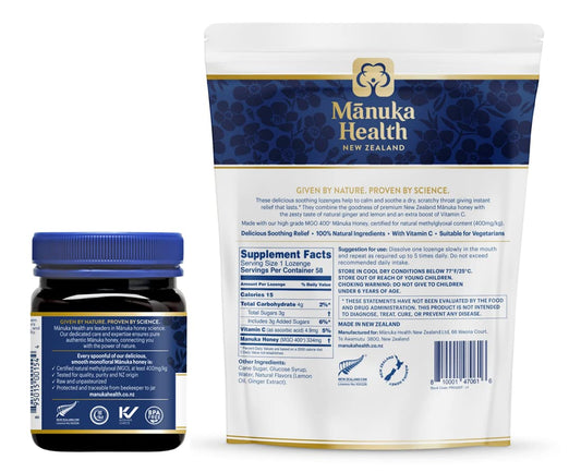 Manuka Health, Manuka Honey Lozenge And Honey Jar Bundle, Lemon And Ginger Lozenges, 115+ Mgo 8.8 Oz Jar Of Honey