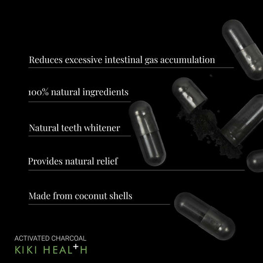 Kiki Health - Activated Charcoal 300Mg - Made From 100% Pure Coconut Shells - Contributes To Reducing Excessive Flatulence After Eating - Natural Teeth Whitener - 50 Capsules