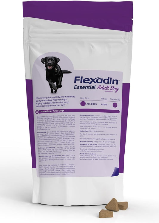 Flexadin Essential Joint Care Supplement For Adult Dogs Containing Undenatured Type Ii Collagen, Omega 3 & Vitamin E/Promoting Long-Term Joint Health, Mobility & Flexibility / 60 Chew Pack