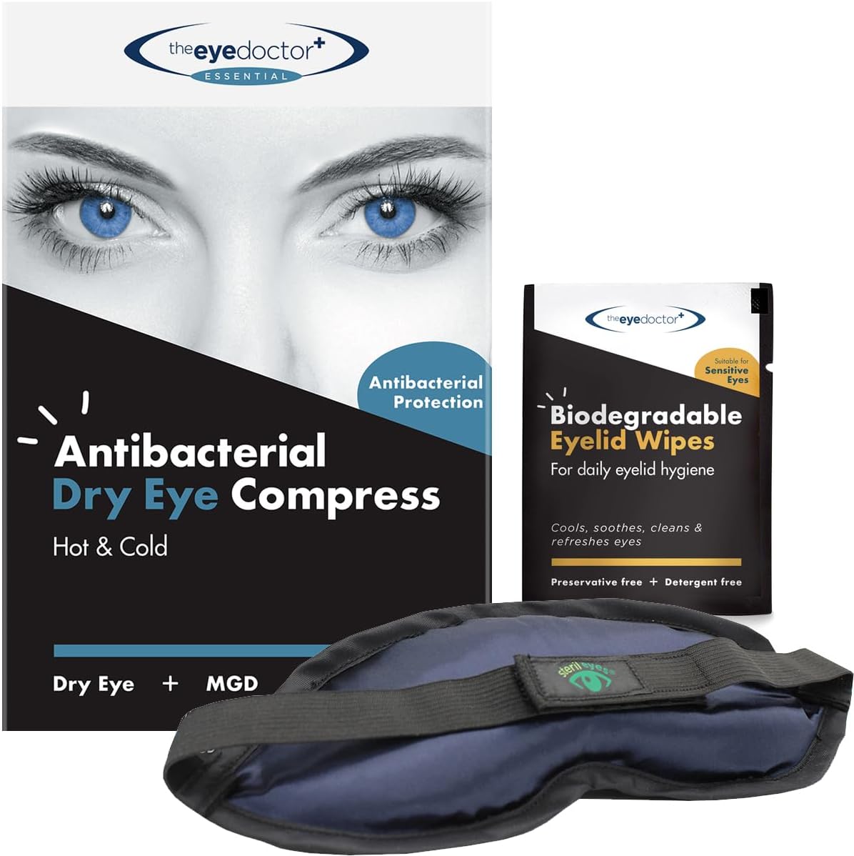The Eye Doctor Essential Treatment Bundle - Reusable Hot Cold Eye Compress & 20X Single Use Eyelid Wipes For Dry Eye, Blepharitis & Mgd - Microwave Safe Mask