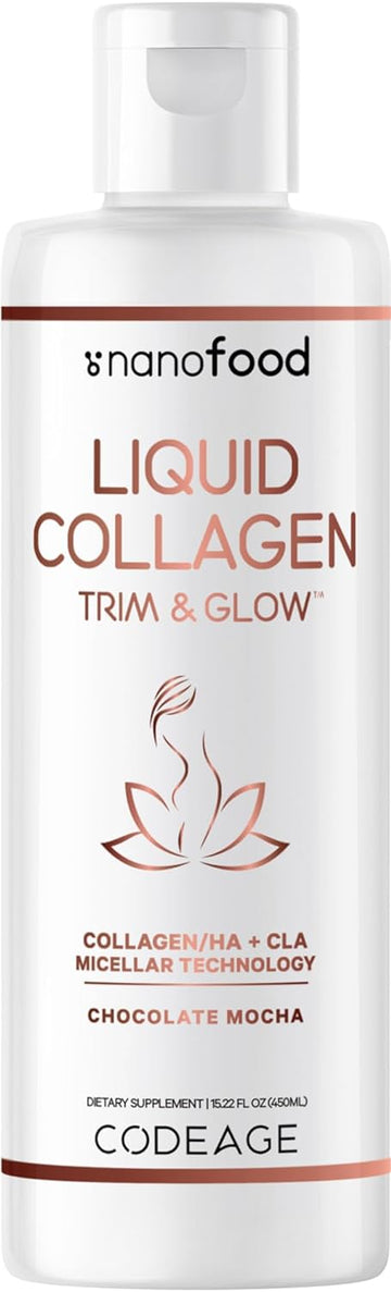 Codeage Liquid Collagen Supplement Chocolate Flavor, Beauty Trim & Glow Liposomal Collagen Peptides, Cla Conjugated Linoleic Acid, Hyaluronic Acid, Vitamin E, Hydrolyzed, Non-Gmo, 15.22 Fl Oz