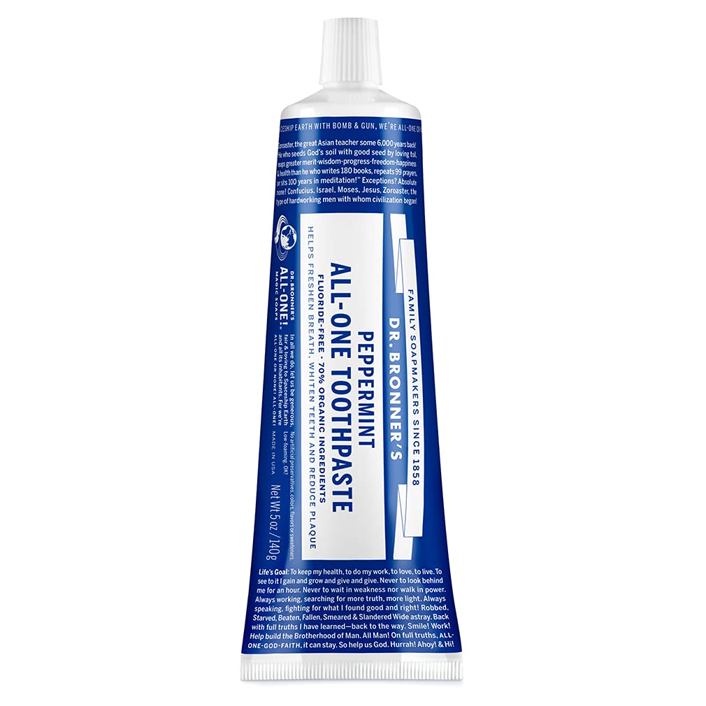 Dr. Bronner’s - All-One Toothpaste (Peppermint, 5 ounce) - 70% Organic Ingredients, Natural and Effective, Fluoride-Free, SLS-Free, Helps Freshen Breath, Reduce Plaque, Whiten Teeth, Vegan