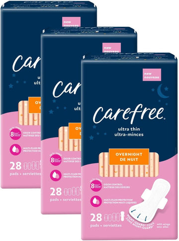 Carefree Ultra Thin Pads For Women, Overnight Pads With Wings, 84Ct (3 Packs Of 28Ct) | Carefree Pads, Feminine Care, Period Pads & Postpartum Pads | 84Ct (3 Packs Of 28Ct)