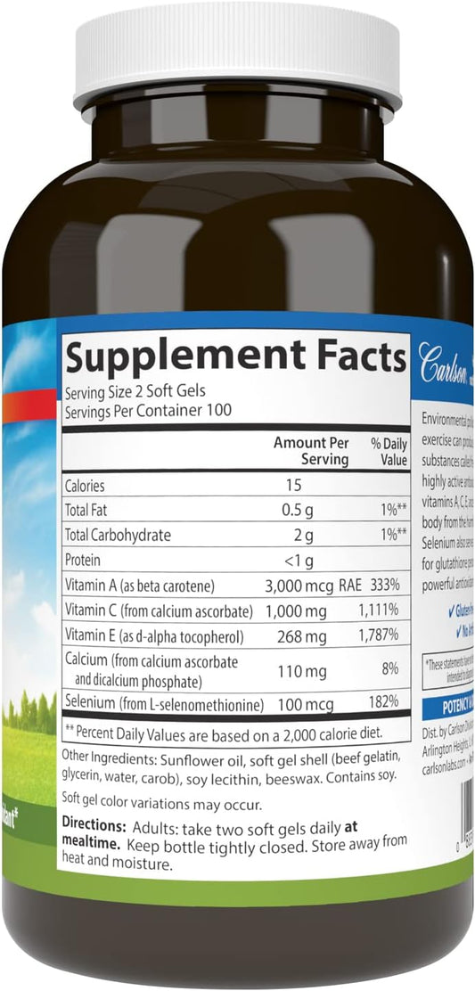 Carlson - ACES, Vitamins A, C, E + Selenium, Cellular Health & Immune Support, Antioxidant, 200 Softgels