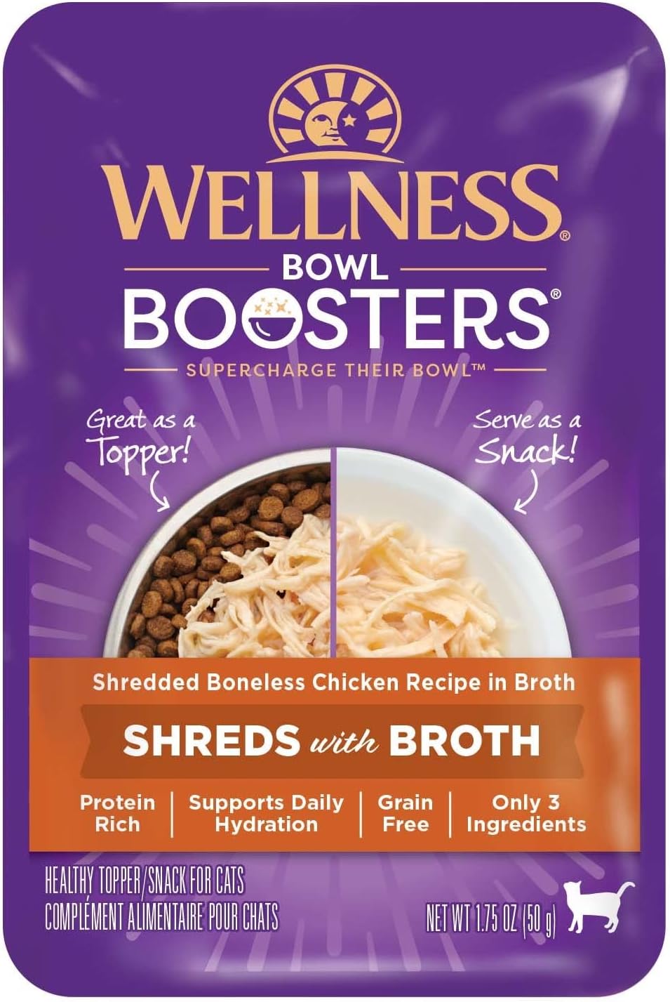 Wellness Bowl Boosters Grain Free Wet Cat Food Topper, Shredded Chicken Recipe In Broth, 1.75 Ounce Pouches (Pack Of 12)