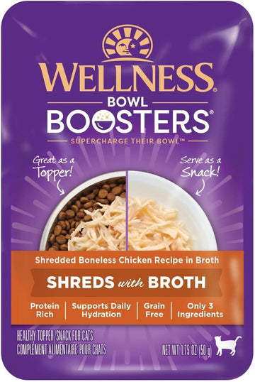 Wellness Bowl Boosters Grain Free Wet Cat Food Topper, Shredded Chicken Recipe In Broth, 1.75 Ounce Pouches (Pack Of 12)