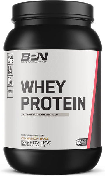 Bare Performance Nutrition, Bpn Whey Protein + Casein Protein Powder Blend, Cinnamon Roll 25G Protein Per Serving Supports Lean Muscle Recovery, 27 Servings, Third Party Tested