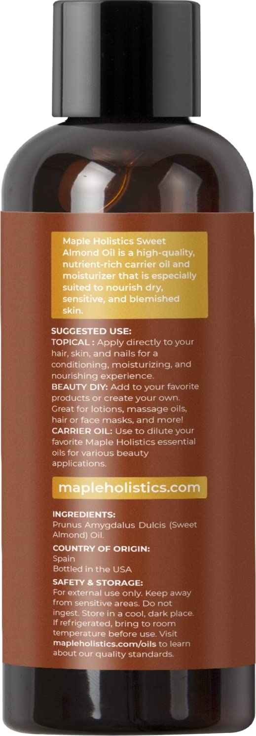 Cold Pressed Sweet Almond Oil - Pure Sweet Almond Oil for Skin Care and Moisturizing Body Oil for Men and Women - Carrier Oil for Essential Oils Mixing for Hair Skin and Nails DIY Beauty Products 4oz