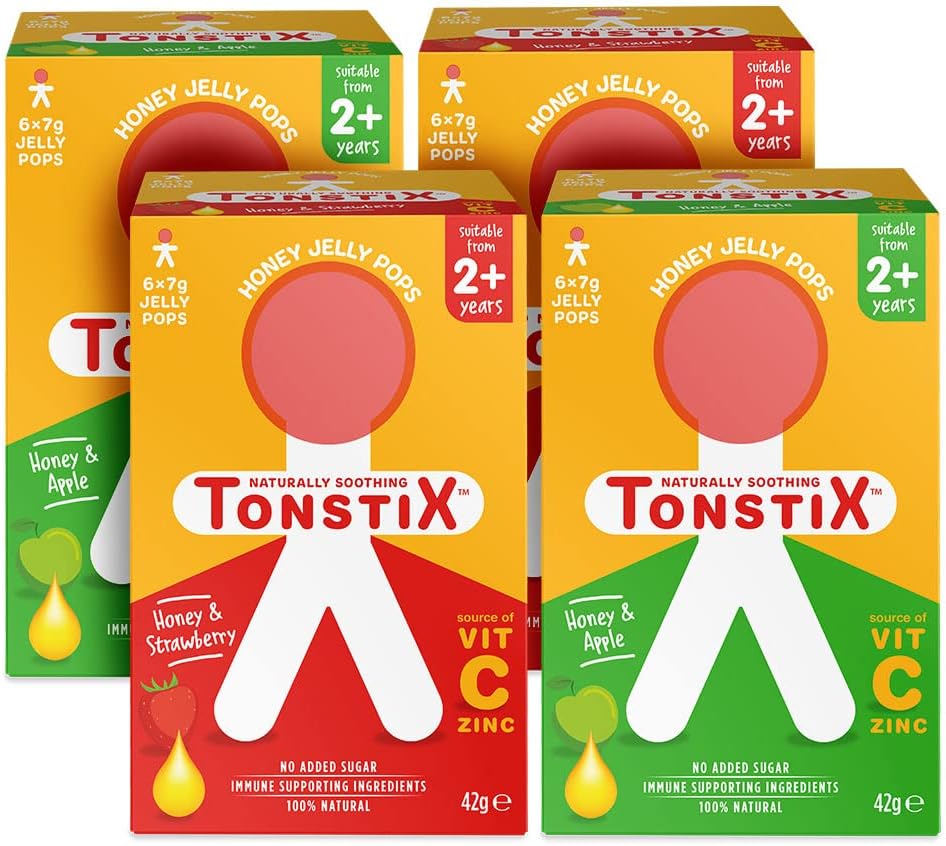 Tonstix 2 Packs Honey & Apple + 2 Packs Honey & Strawberry Jelly Pops | 4 X Packs Of 6 | For Sore Throats & Coughs | Source Of Vit C & Zinc No Added Sugar Immune Supporting Ingredients -100% Natural