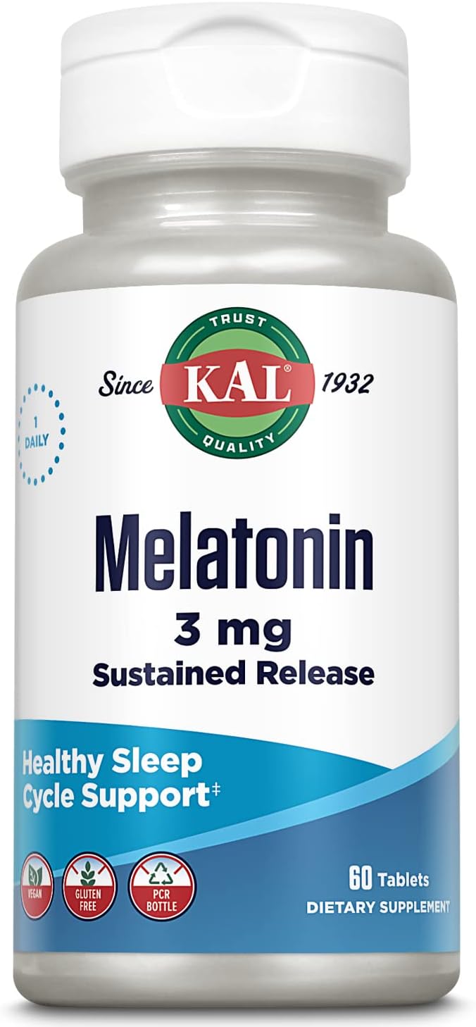 Kal Melatonin 3Mg Sustained Release Sleep Aid, Melatonin Supplement Supports Healthy Relaxation, A Calm Feeling And A Proper Sleep Cycle, W/Added Vitamin B6, Vegan, Gluten Free 60 Serv, 60 Tablets