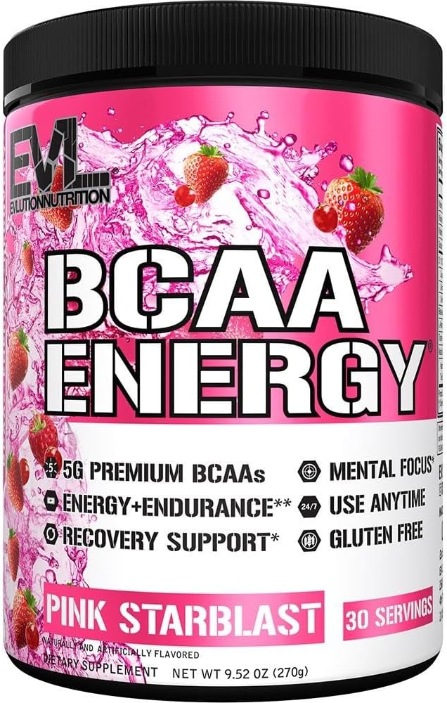 EVL BCAAs Amino Acids Powder - BCAA Energy Pre Workout Powder for Muscle Recovery Lean Growth and Endurance - Rehydrating BCAA Powder Post Workout Recovery Drink with Natural Caffeine - Pink Starblast