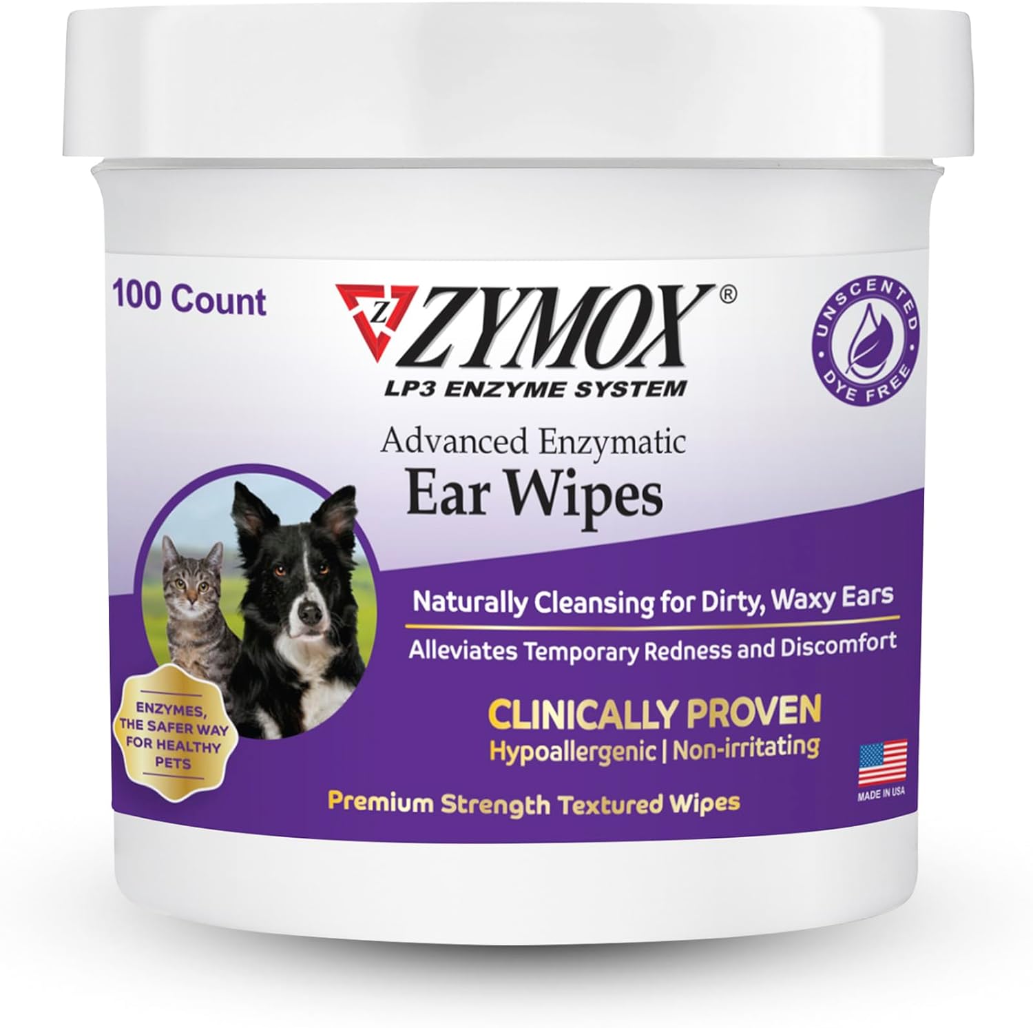 Zymox Advanced Enzymatic Ear Wipes For Dogs And Cats - For Dirty, Waxy, Smelly Ears - Premium Strength Ear Cleaner Wipes - Non-Irritating - Hypoallergenic - 100 Ct