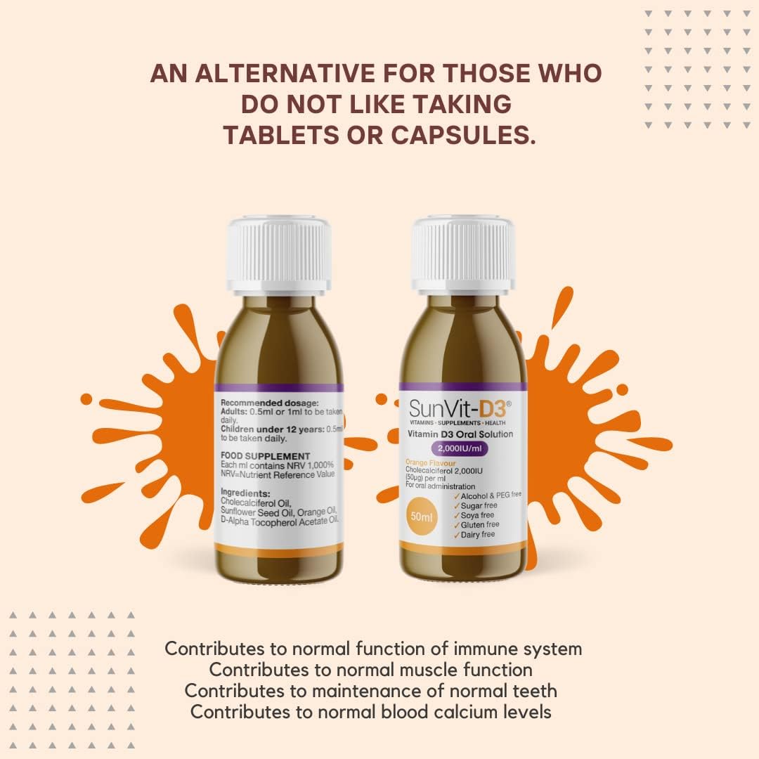 SunVit-D3 Vitamin D3 3000IU Oral Solution - Vitamin D for Kids | Cholecalciferol Vitamin D Drops Baby | Supports Bone, Teeth, Muscle & Immune System | Vitamin D Drops for Kids (50ml Orange Flavor) : Amazon.co.uk: Health & Personal Care