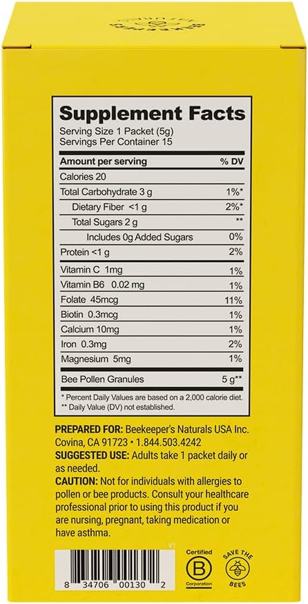 Beekeeper'S Naturals - 100% Raw Bee Pollen Granules, Natural Preserved Enzymes, Source Of Vitamin B, Minerals, Amino Acids & Protein - Paleo & Keto Friendly, Gluten Free (5.2 Oz)