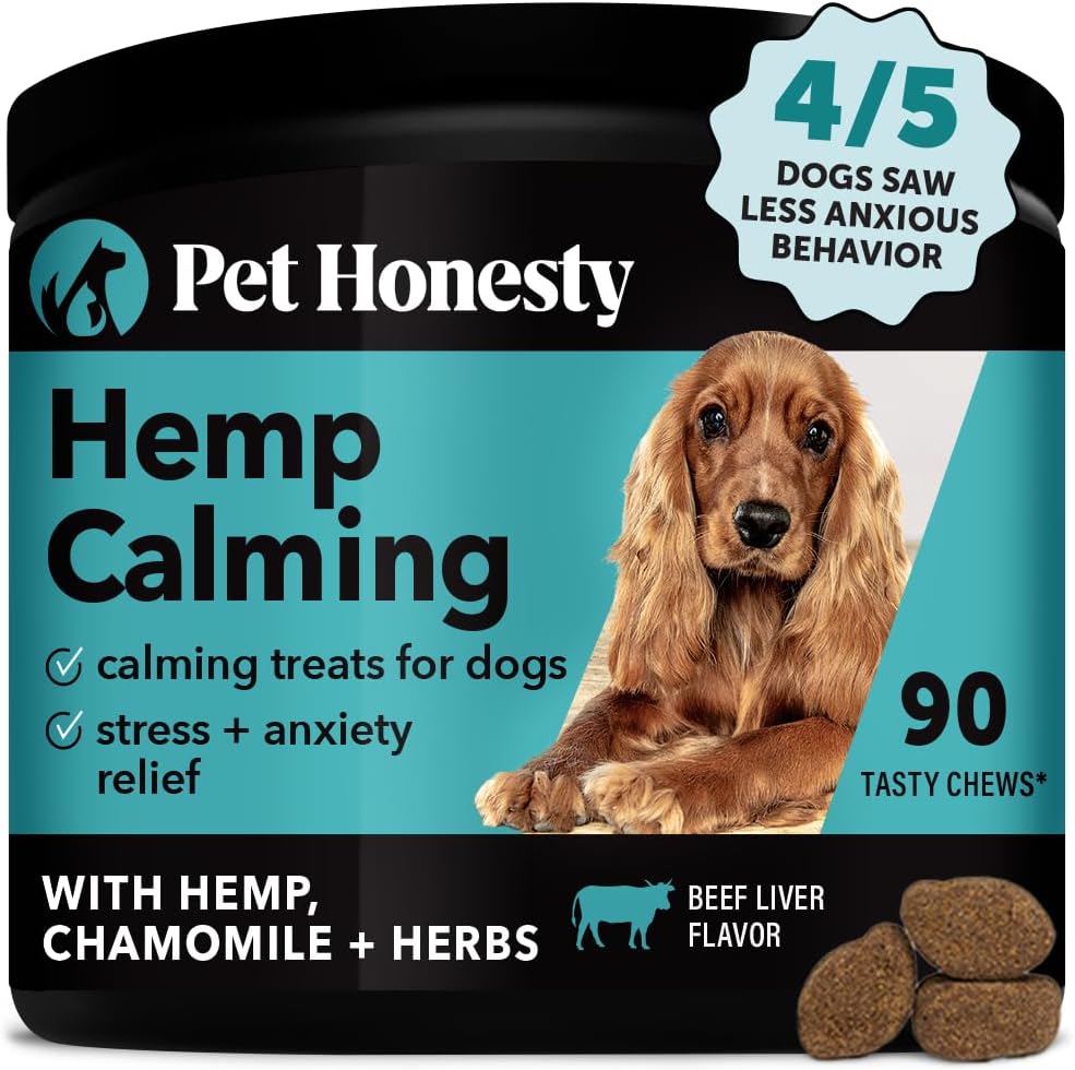 Pet Honesty Hemp Calming Chews For Dogs - Dog Anxiety Relief, Dog Calming Treats With Hemp + Valerian Root, Melatonin For Dogs - Helps Aid With Thunder, Fireworks, Chewing & Barking (Beef Liver)