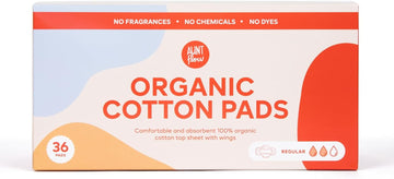 Organic Cotton Pads with Wings - Regular Absorbency Menstrual Pads, Toxin Free, Hypoallergenic, 36 Count