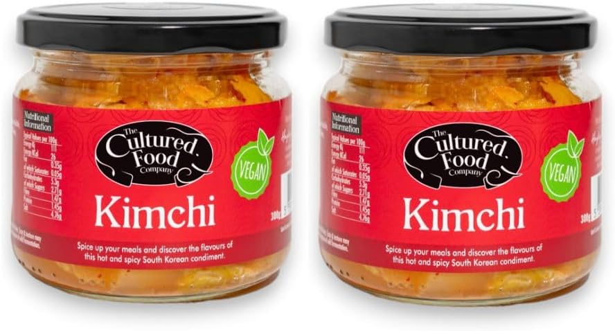 The Cultured Food Company Korean Vegan Kimchi 2X 300G - Traditionally Fermented - Unpasteurised - Hot And Spicy - Probiotic Rich - Made From Napa Cabbage & Daikon Radish - No Preservatives