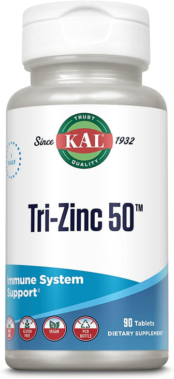 KAL Tri Zinc 50mg w/Zinc Citrate, Zinc Amino Acid Chelate and Zinc Picolinate, Healthy Metabolism and Immune Support Supplement, Vegan, Gluten Free, Non-GMO, 60-Day Guarantee, 90 Servings, 90 Tablets