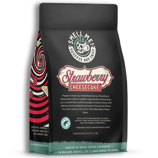 Bones Coffee Company Strawberry Cheesecake Ground Coffee Beans | 12 oz Medium Roast Low Acid Coffee | Flavored Coffee Gifts & Gourmet Coffee Beverages (Ground)