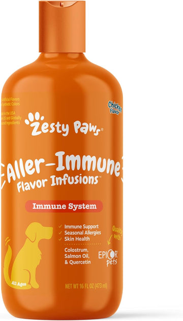 Zesty Paws Allergy & Immune Flavor Infusions For Dogs - With Omega 3 Salmon Oil For Sensitive Skin, Epicor Pets, Colostrum & Quercetin - Supports Seasonal Allergies - Chicken Flavor - 16 Fl Oz