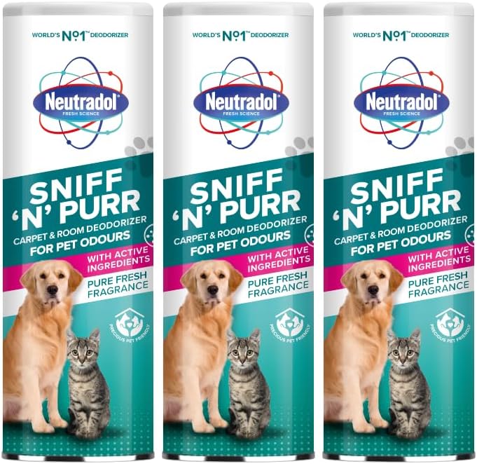 Neutradol Sniff N Purr Pet Deodoriser, Odour Neutraliser For Pet Areas, Carpet & Room Deodoriser For Pet Odours, Pure Fresh, Multipack Of 3 X 525G