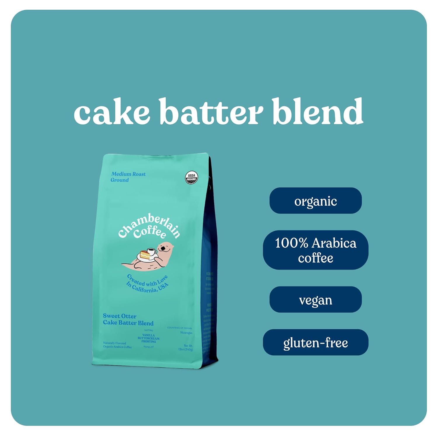 Chamberlain Coffee Sweet Otter Cake Batter Blend - Medium Roast Coffee Beans With Notes Of Vanilla & Frosting - Whole Bean Specialty Coffee From Nicaragua, Freshly Roasted In California - 12 Oz