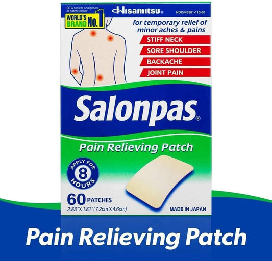 Salonpas Pain Relieving Patch for Back, Neck, Shoulder, Knee Pain and Muscle Soreness - 8 Hour Pain Relief - 60 Count (Pack of 2)