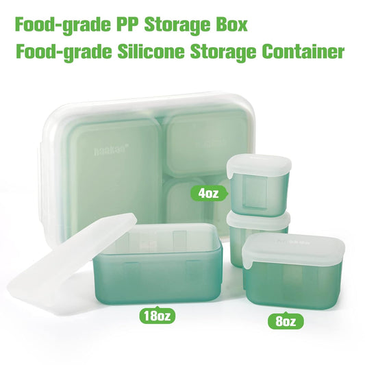 haakaa Food Storage Containers for Baby or Family,Freezer Storage,Food-grade Silicone Storage Container + Food-grade PP Storage Box,Freezer&Microwave & Dishwasher Safe(4oz,8oz,18oz)