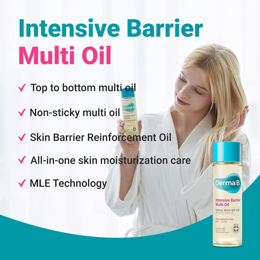 Derma B Intensive Barrier Multi Oil 135Ml, 4.56 Fl Oz, Moisturizing Non-Sticky Multi-Use Oil For Body, Hair & Nails, 10 Botanical Oils For Hydrated Radiant Skin, Moisturizer For Sensitive Skincare