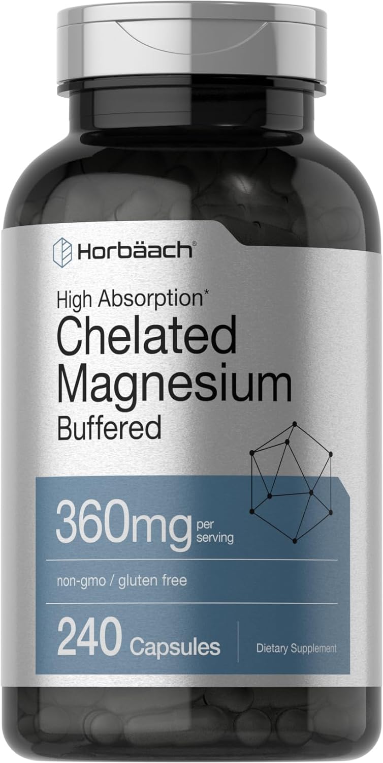 Horbäach Chelated Magnesium | 360mg | 240 Capsules | Non-GMO & Gluten Free Supplement