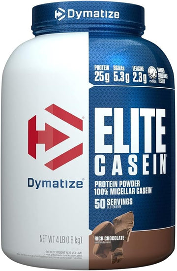 Dymatize Elite Casein Protein Powder, Slow Absorbing With 25G Protein, Bcaas & Leucine For Muscle Building And Overnight Recovery, Rich Chocolate, 4 Pound