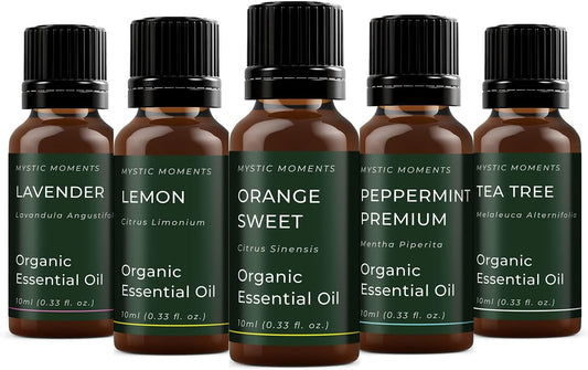 Mystic Moments | Favourite Organic Essential Oil Gift Starter Pack 5x10ml | Lavender, Lemon, Orange Sweet, Peppermint Premium & Tea Tree | Perfect as a gift