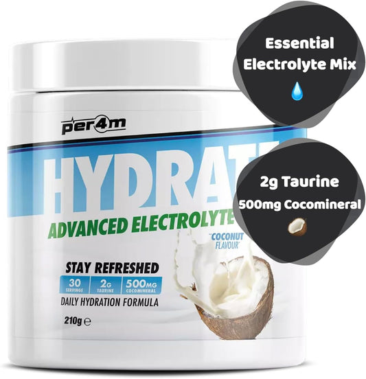 Per4M Hydrate Electrolyte Mix Powder | 500Mg Cocomineral | Replenish Essential Electrolytes | Aiding Muscle Function, Cardiovascular Health, Neurological Support (Coconut, 210G)